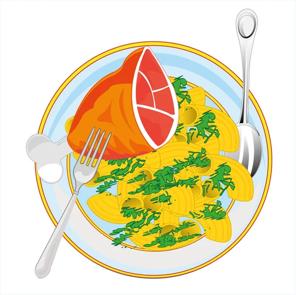 Векторная Иллюстрация Мясное Блюдо Тарелке Лапши Ветчины — стоковый вектор