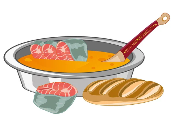 Vektorillustration Von Fischsuppe Fischsuppe Und Brot — Stockvektor