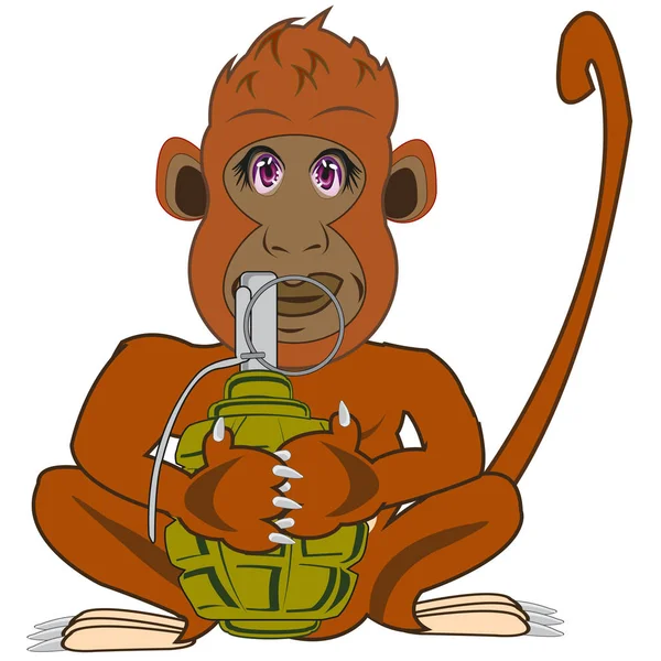 Dibujos Animados Mono Animal Con Granate Sobre Fondo Blanco Está — Vector de stock