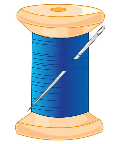 Houten Spoel Met Blauwe Draad Naald Witte Ondergrond Geïsoleerd — Stockvector