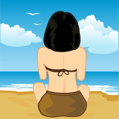 Kız karaya okyanus kum Plajı üzerinde oturuyor.