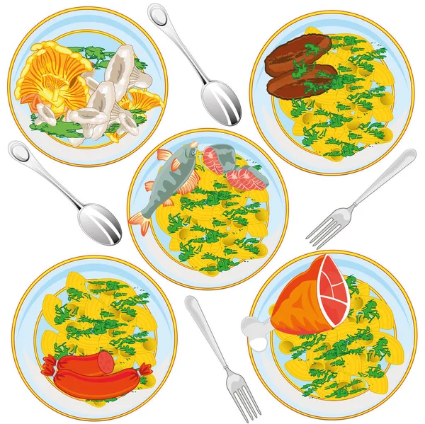 Abwechslungsreiche Küche mit Fisch, Fleisch und Nudeln. Vektorillustration — Stockvektor
