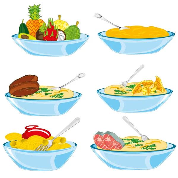 Ποικιλία Γεύμα Στο Πιάτο Λευκό Φόντο Είναι Μονωμένο — Διανυσματικό Αρχείο