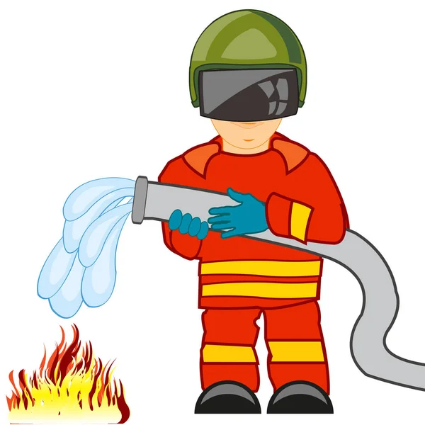 Bombero en traje defensivo obrero apagar fuego — Vector de stock