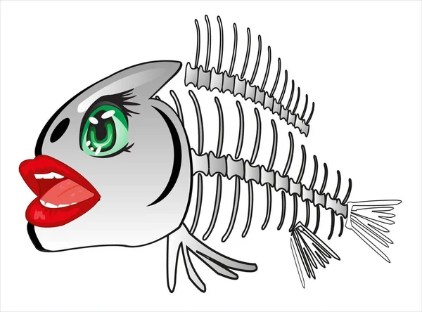 Vector illustration fish skeleton with eye and lip cartoon — Stock Vector
