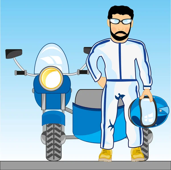 オートバイの横にあるヘルメットを持つ人のベクトル イラスト — ストックベクタ