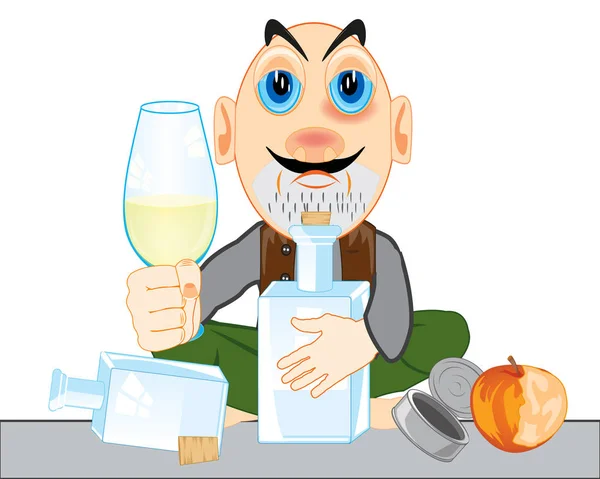 Vector illustration of the cartoon men alcoholic with bottle and pile in hand — Stock Vector