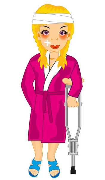 Chica con tranvía en muleta en bata de hospital — Vector de stock