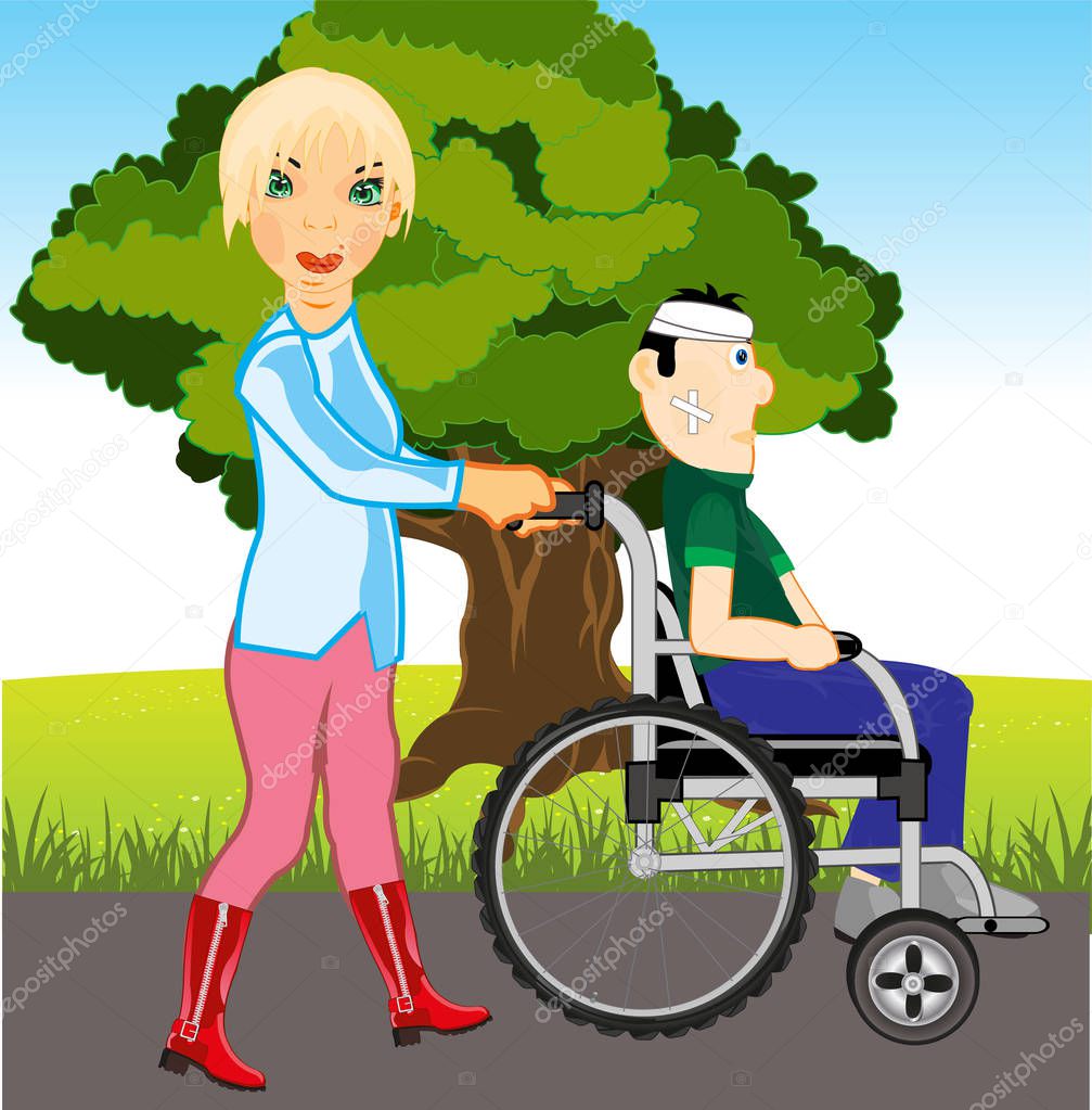 Girl walks with sick in park.Vector illustration