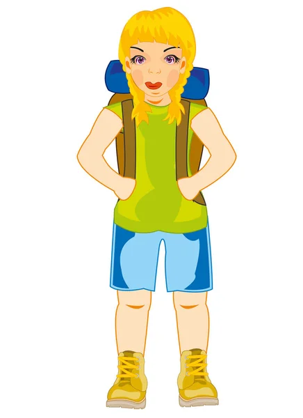 Vector illustration of the young girl of the tourist with rucksack — Stock Vector