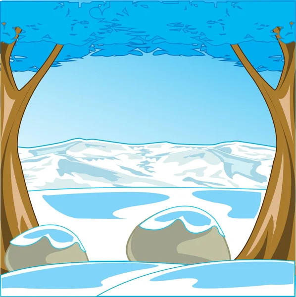 Koele winter landschap met boom en berg — Stockvector