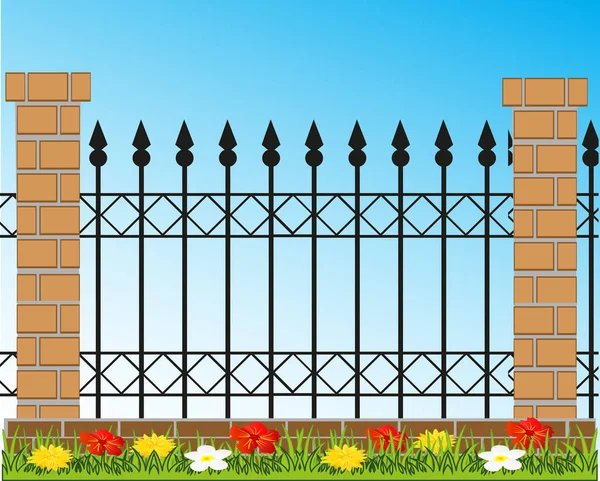 Illustration vectorielle de la clôture décorative en brique et en fer — Image vectorielle