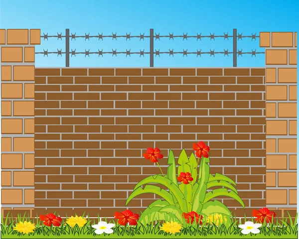 Impregnable wall from brick and barbed wire upstairs — Stock Vector