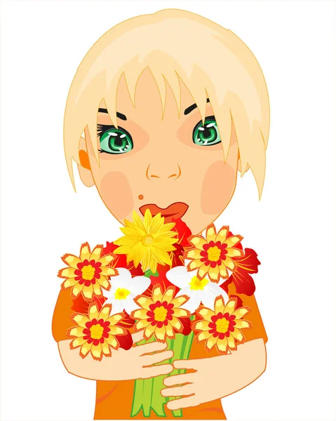 Vector illustration by lucky young girl with bouquet flower — Stock Vector