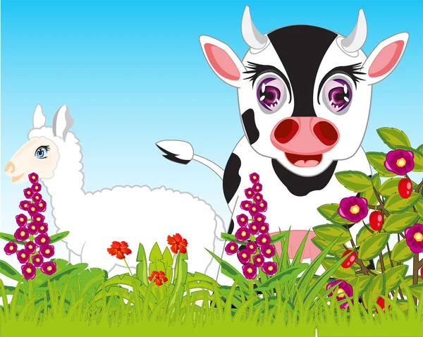 Mascotas animales en glade año con flor — Vector de stock