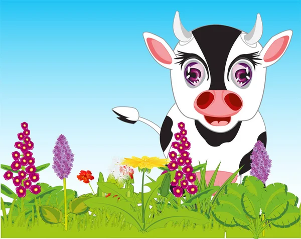 Mascotas animales vaca pastos en el año prado — Vector de stock