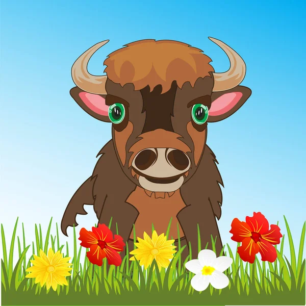 Ungulate Animal bison op groene weide met bloem — Stockvector