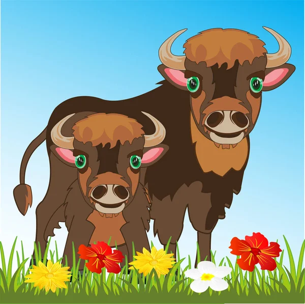 Bisonte con su niño pequeño por bisonte en la naturaleza — Vector de stock