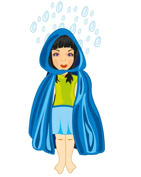 Fille à son tour imperméable bleu et pluie goutte à goutte — Image vectorielle