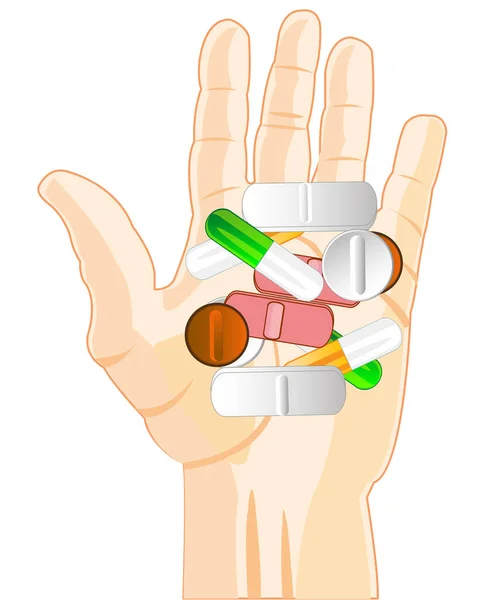 人の手のひらに錠剤及びカプセルの薬 — ストックベクタ