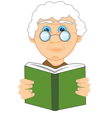 Büyükanne gözlüklü, beyaz arka planda kitap okuyor.