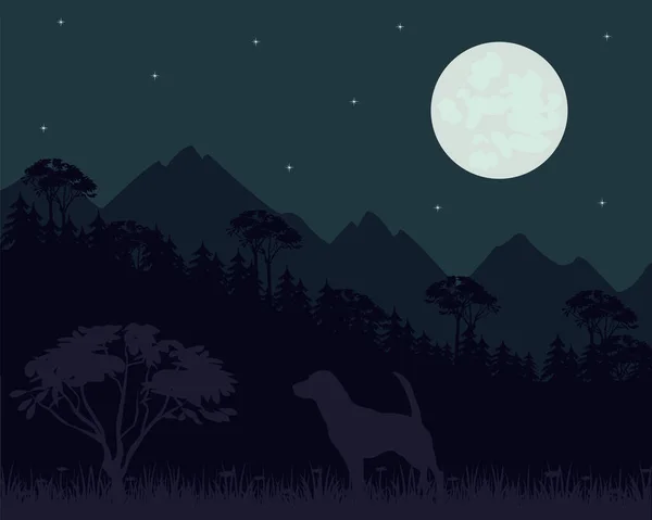 星夜中的山脉和森林景观 — 图库矢量图片