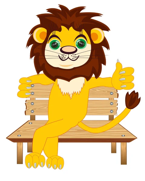 Kreslený zvířecí lev sedí na dřevěné lavičce — Stockový vektor