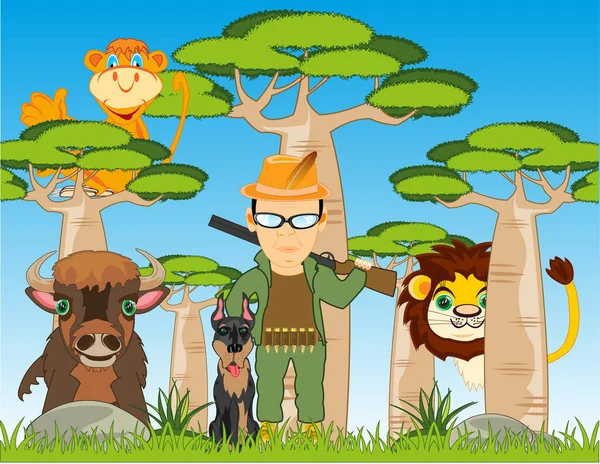 Cartoon Van Jager Met Wapen Hond Hout Met Wilde Dieren — Stockvector