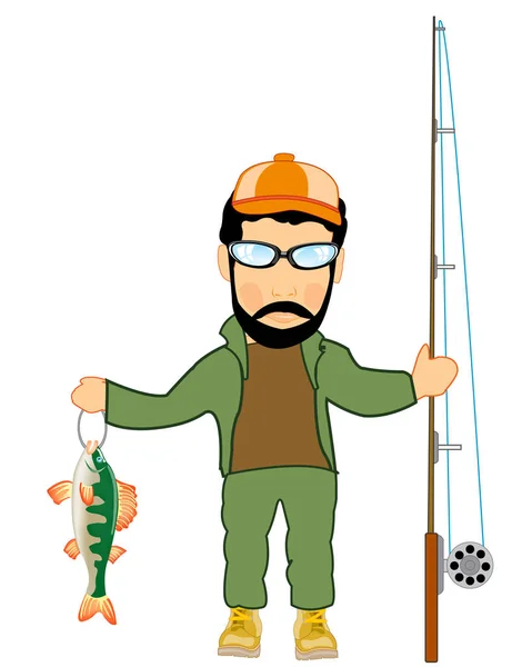 Людина Рибалка Ловлею Шнуром Білому Тлі Ізольована — стоковий вектор