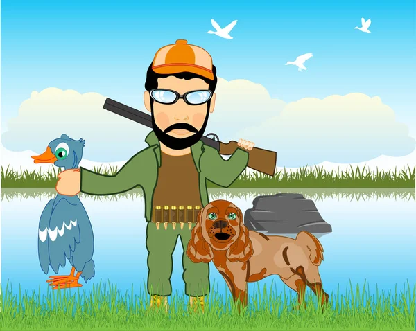 Hombre Con Arma Cacería Perros Trama — Vector de stock