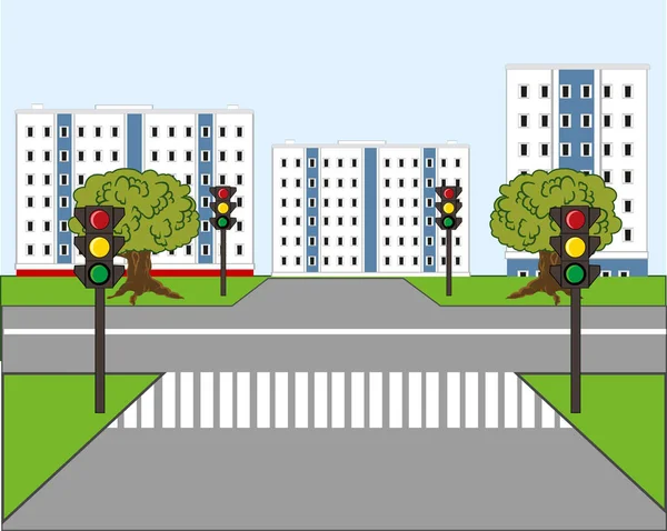 大城市的道路和人行横道上的红绿灯 — 图库矢量图片