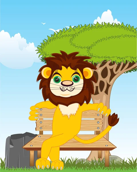 Bande dessinée lion animal assis sur le banc sur la nature — Image vectorielle