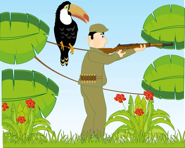Jungle verte et chasseur avec arme — Image vectorielle