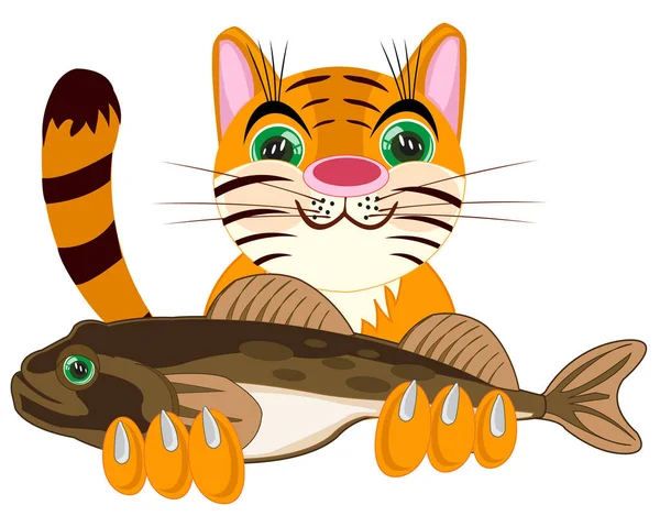 Husdjur djur katt med stor fisk i tass — Stock vektor