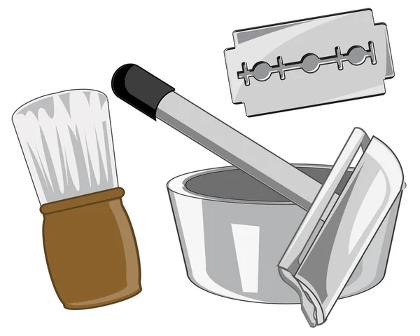 Εργαλείο και λεπίδα με βούρτσα ξυρίσματος για ξύρισμα — Διανυσματικό Αρχείο