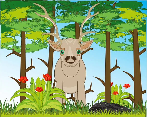Барвистий пейзаж квітучий ліс і тваринний олень — стоковий вектор
