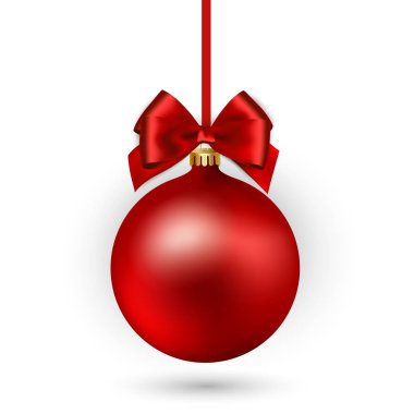 Şerit ve yay beyaz zemin üzerine kırmızı Noel top. Vektör çizim.