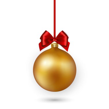 Altın Christmas kırmızı kurdele ve yay beyaz arka plan üzerinde topla. Vektör çizim.