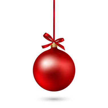 Şerit ve yay beyaz zemin üzerine kırmızı Noel top. Vektör çizim.