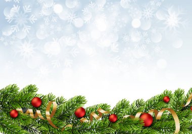 Noel yeşil Çamın dalları ve kırmızı baubles