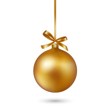 Gold Christmas ball with ribbon and bow on white background. Vector illustration. clipart