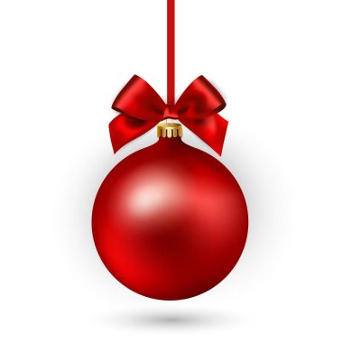 Şerit ve yay beyaz zemin üzerine kırmızı Noel top. Vektör çizim.
