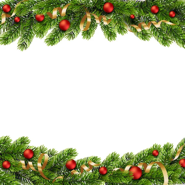 Χριστούγεννα πράσινα κλαδιά πεύκου και κόκκινα στολίδια — Διανυσματικό Αρχείο