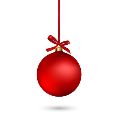 Şerit ve yay beyaz zemin üzerine kırmızı Noel top. Vektör çizim.