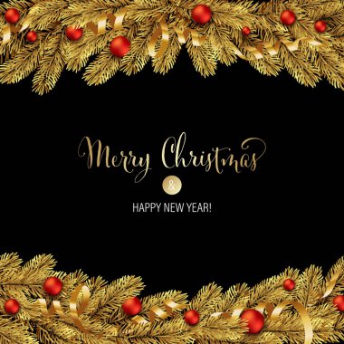 Noel yeşil Çamın dalları ve kırmızı baubles