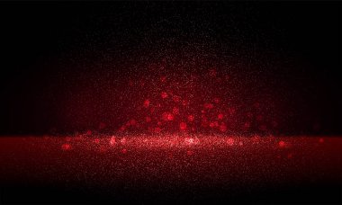 Siyah arkaplandaki lüks kırmızı altın parıltılı parçacıklar. Kırmızı parlayan ışıklar sihirli efektler. Parıltı, vektör illüstrasyonu.
