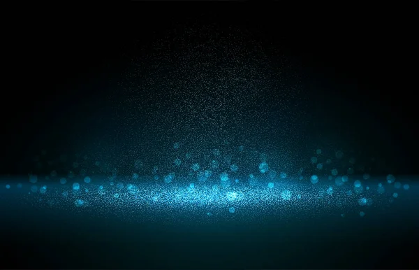 Luxury blue gold glitter particles on black background. Blue glowing lights magic effects. Glow sparkles, vector illustration. — Stock Vector