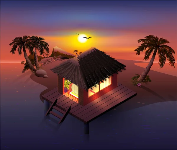 Isla Tropical Nocturna Palmeras Chozas Playa Dibujos Animados Vectoriales Ilustración — Archivo Imágenes Vectoriales