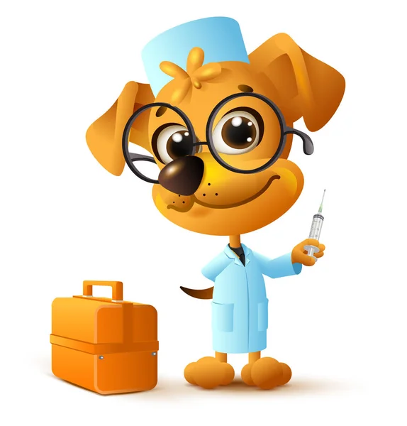 Funny Yellow Dog Doctor Vet Holding Injector Isolated White Vector — Stock Vector