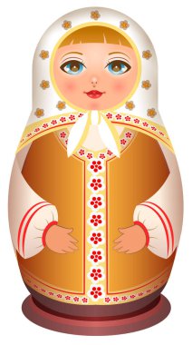Rus kız ahşap oyuncak bebek. Geleneksel Ulusal oyuncak matryoshka. Beyaz vektör çizgi film illüstrasyon izole